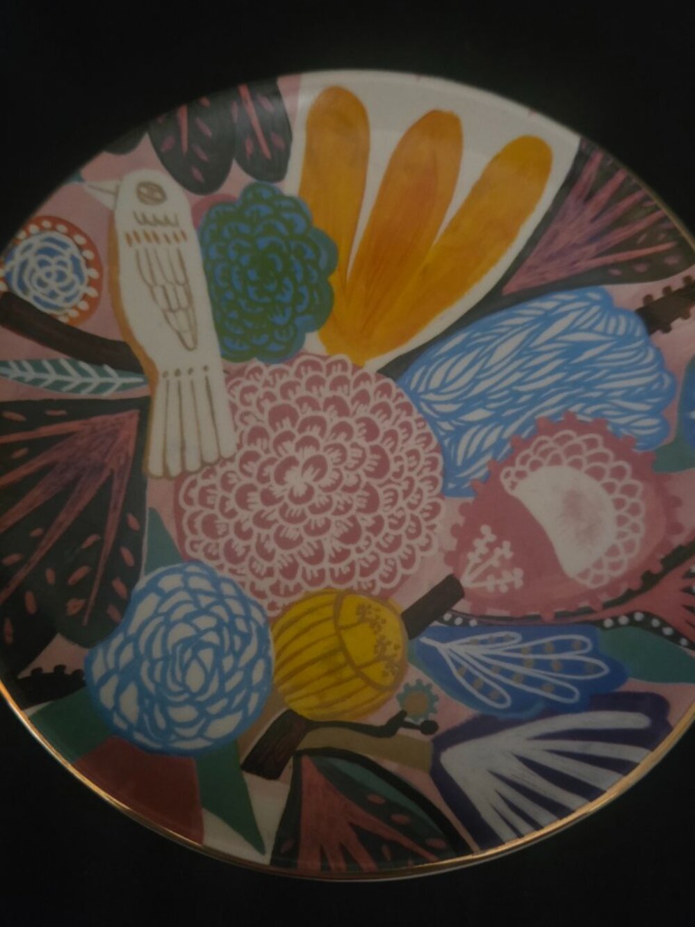 Hallmark Mercedes Lagunas Floral Bird Trinket Dish 6" Ceramic Gold Rim - Picture 3 of 5